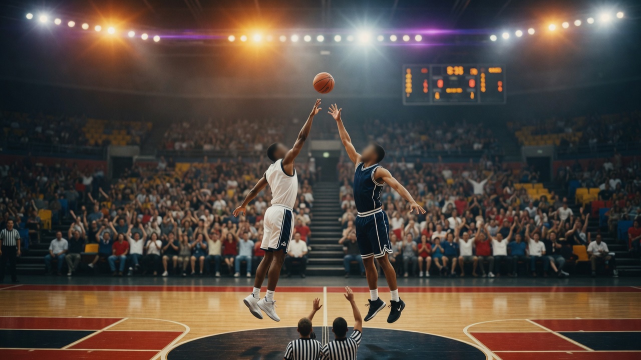 Two players leap for the ball at tip-off in a packed arena.